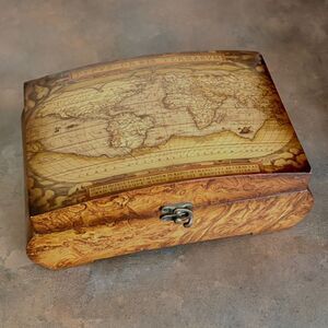World Map Wooden Keepsake Box Hinged Decorative Storage Chest 10"